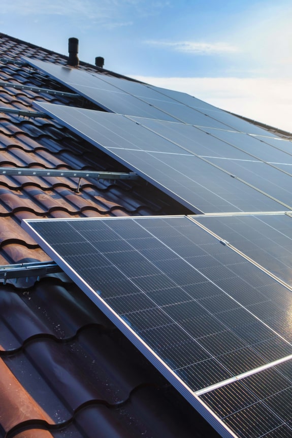 Closeup of solar panels on roof of a house